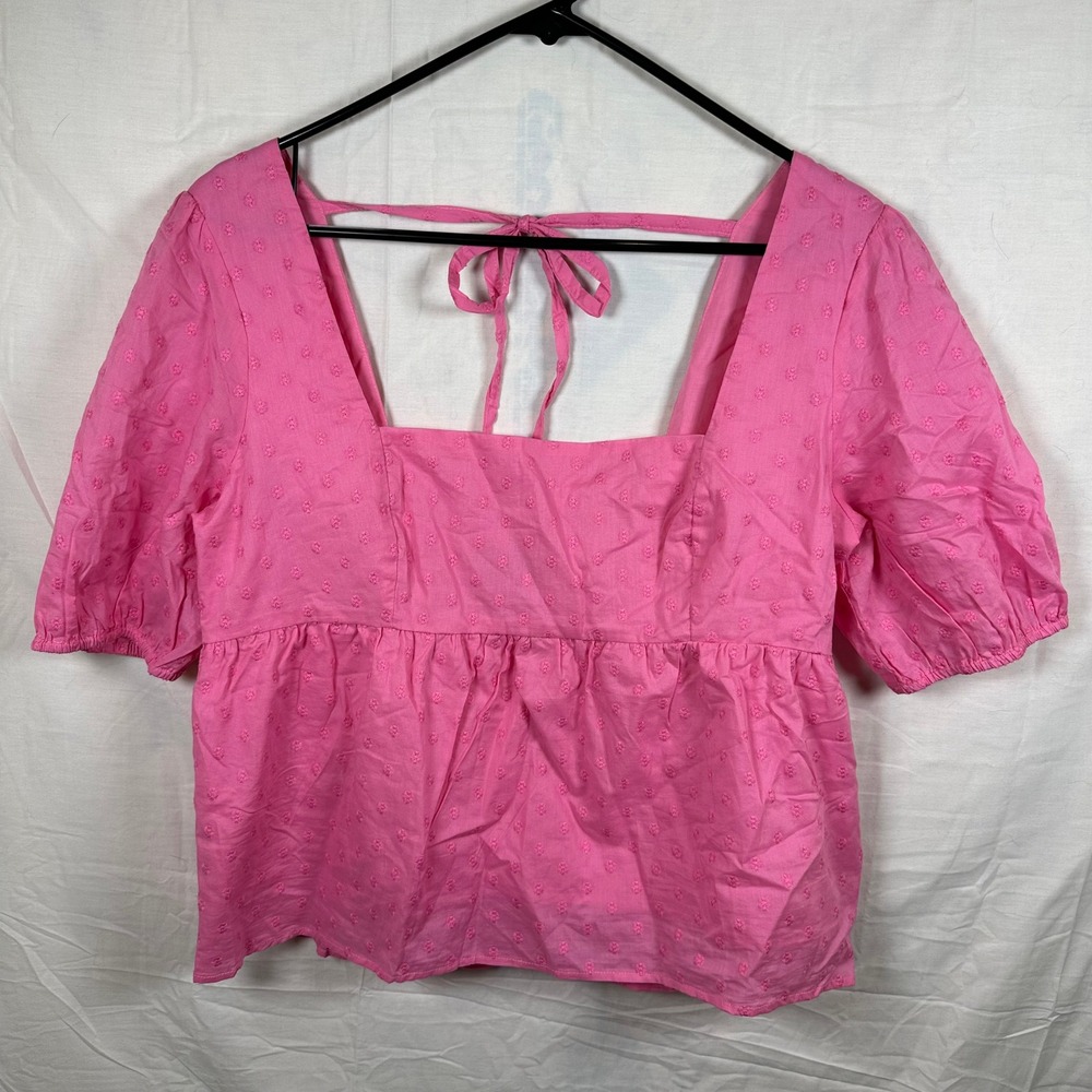 ModCloth Pink Swiss Dot Puff Sleeve Babydoll Top Size L Cottagecore - Picture 3 of 8